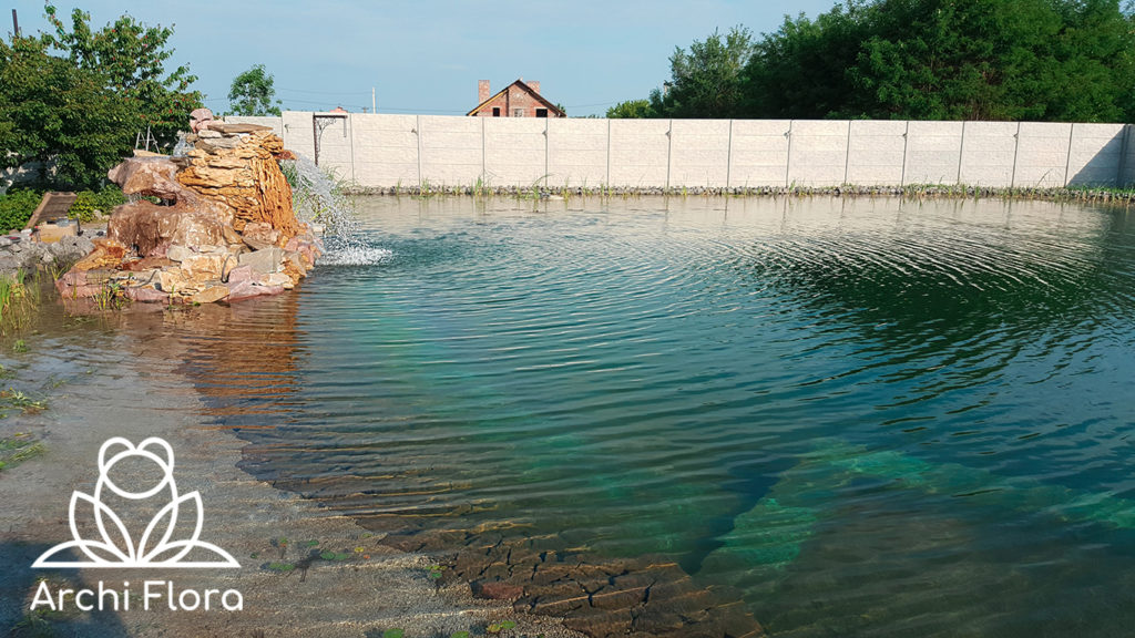 Вид с пляжной зоны на водопад и зону лилий
